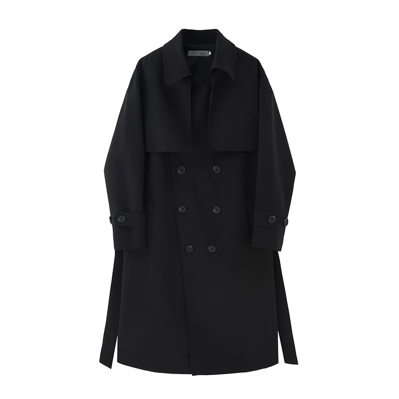 Adotuastic - Reverskraag, effen strikceintuur, dubbele rij knopen, lange trenchcoat