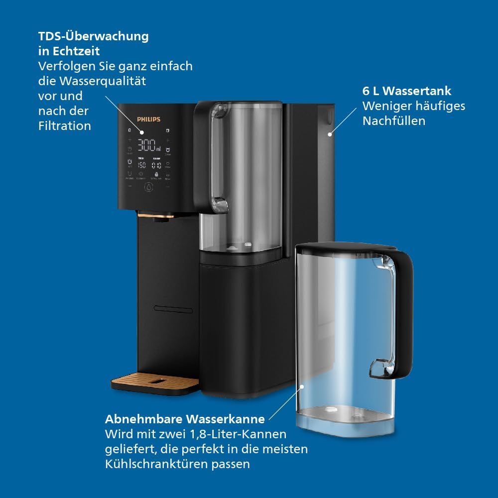 Philips Water Umkehrosmose-Wasserstation ADD6920BK01/10, Aquaporin Inside®: Eliminiert bis zu 110 Substanzen, sofortige Erhitzung, 1 Jahr Filterlebensdauer