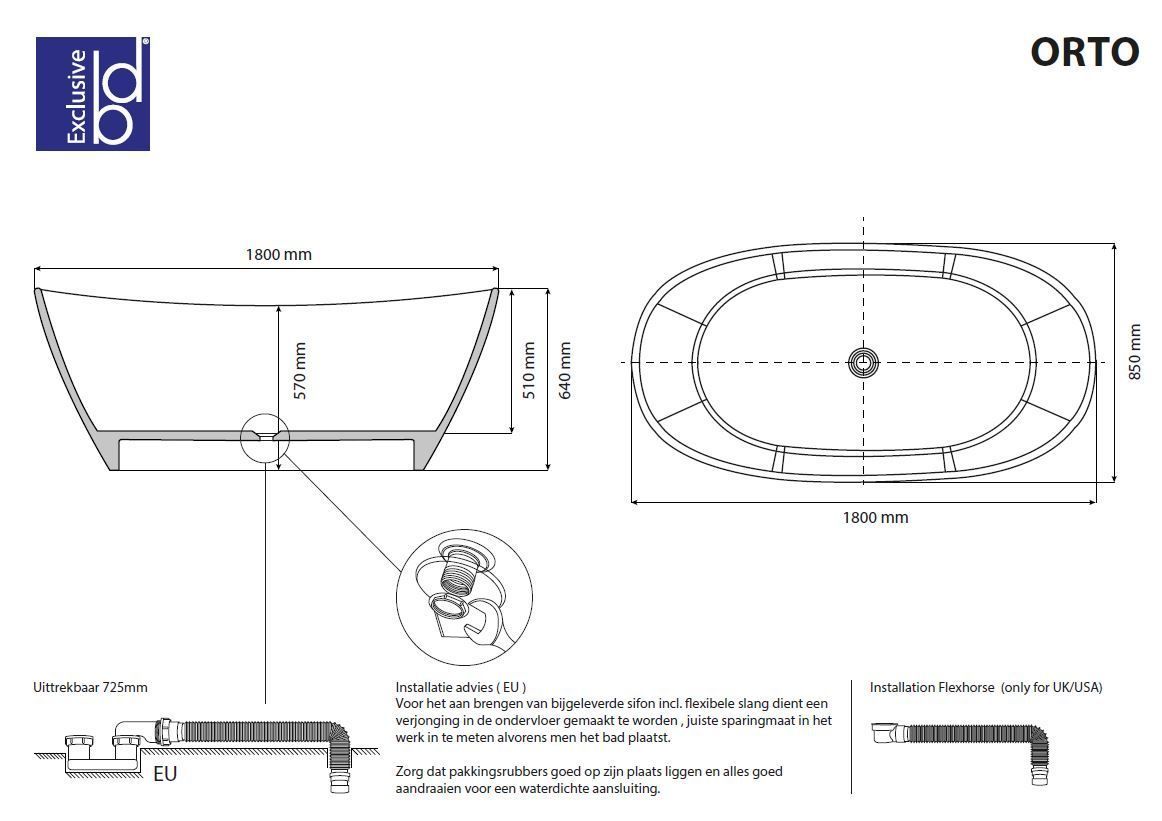Best Design Orto solid surface vrijstaand bad 180x85x64cm mat wit