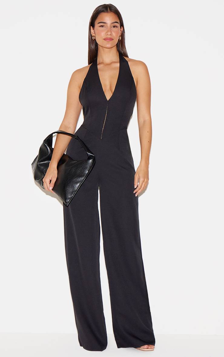 Noir Combinaison Pantalon Large Tissée À Col Licou Avec Détails Crochets Et Œillets