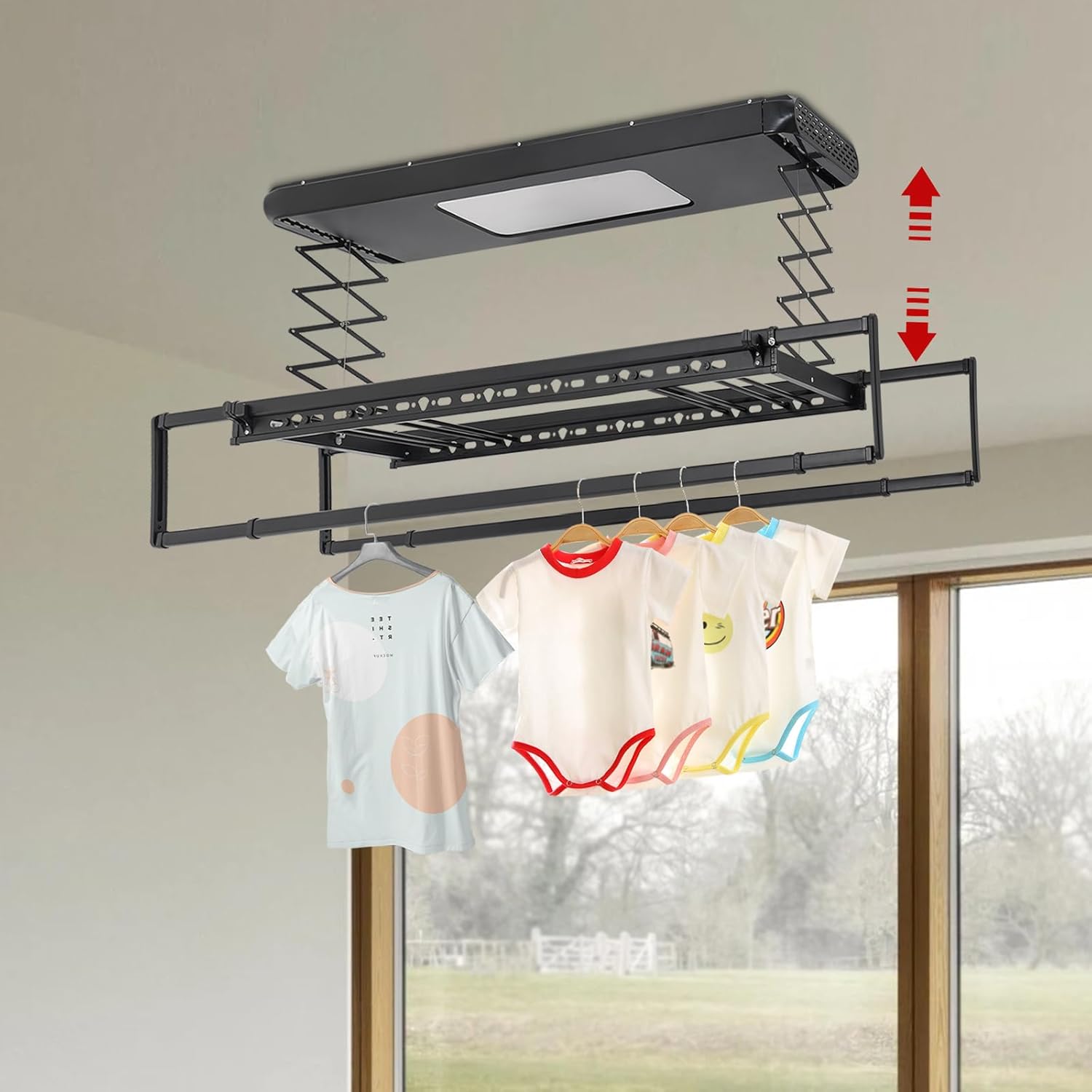 Elektrischer Wäscheständer Deckenmontage, Hebender Wäascheständer Decke mit Fernbedienung + LED-Beleuchtung, Kleiderstange 130-215 cm Einstellbare, 20m Fernbedienung (Schwarz)