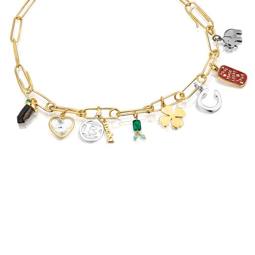 Colar com fecho de pressão - pingentes com banho de ouro 18k sobre prata, prata escura e pedras preciosas TOUS Good Vibes