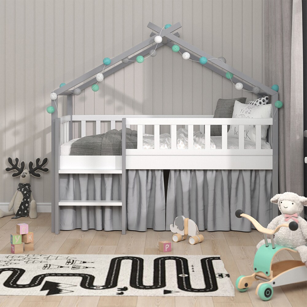 VitaliSpa Kinderbett Bettenhaus Einzelbett Adis Weiß Grau modern 168x158 cm Kinderzimmer Rausfallschutz Massivholz Lattenrost Bettleiter Hausbett Hochbett
