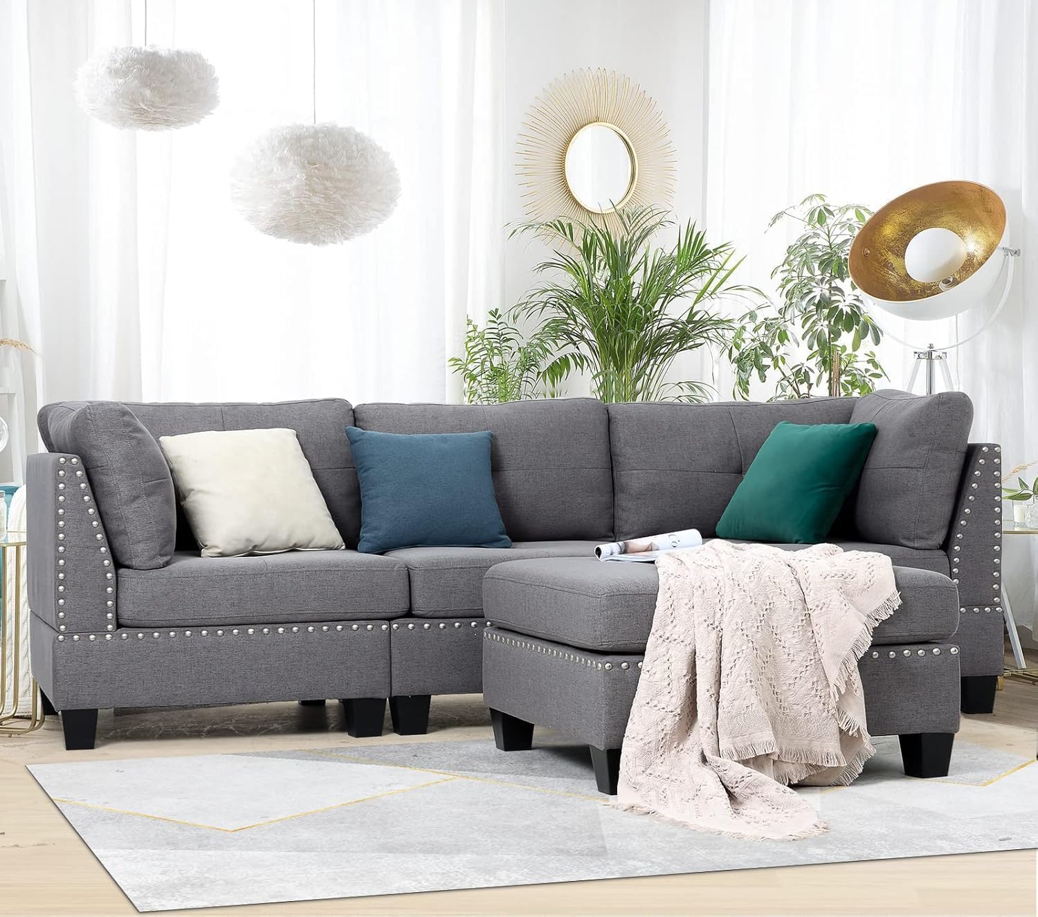 YODOLLA Ecksofa mit Schlaffunktion, L-Form Sofa Couch mit Bettkasten freistehend, 3-Sitzer Eckcouch, Schlafsofa für Wohnzimmer, Grau (Hocker Flexible beweglichkeit)