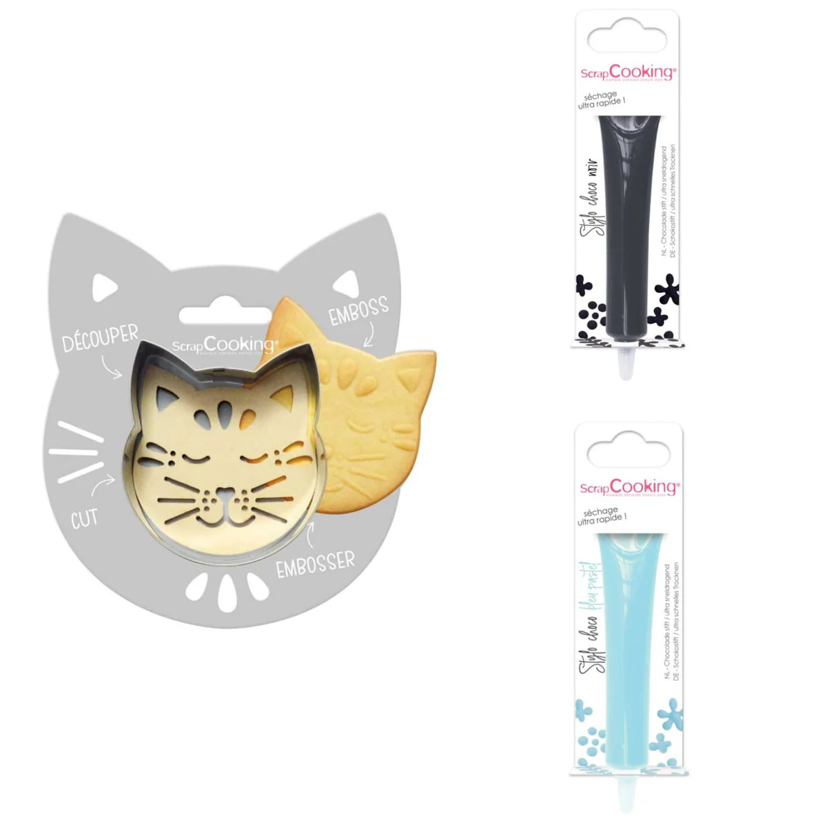 Kit pour biscuit en relief Chat + 2 Stylos au chocolat noir et bleu pa