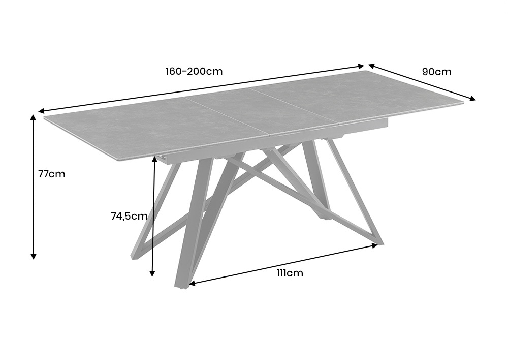 Ausziehbarer Esstisch ATLAS 160-200cm graphit grau Keramik schwarz Metall
