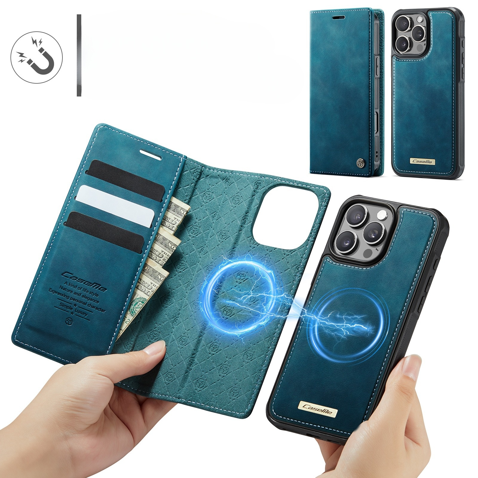 iPhone 15 Pro Max 2in1 MagSafe Leder Tasche   Magnet Hardcase Karten Etui (RFID Schutz) - Blau