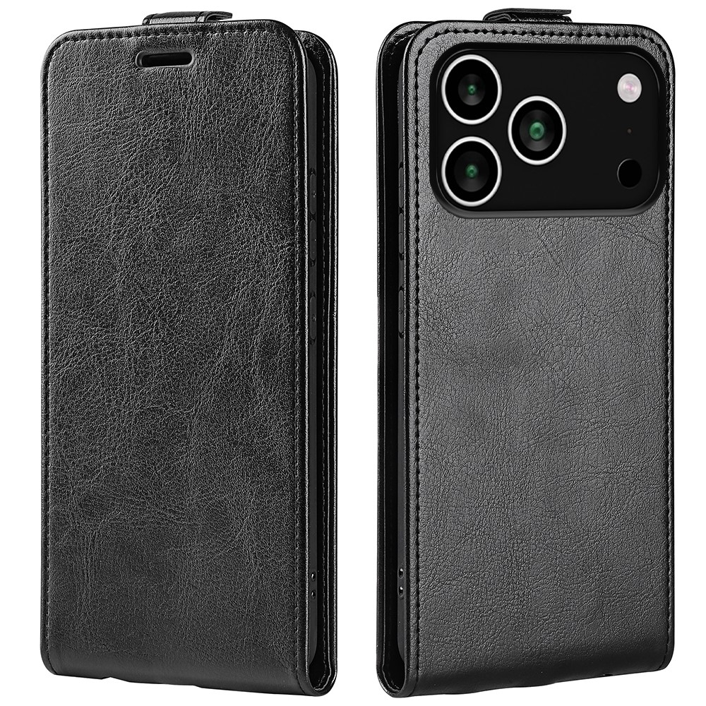 iPhone 17 Pro Leder Tasche Flip Cover Vertikal im Retro Look mit Kartenfach - Schwarz