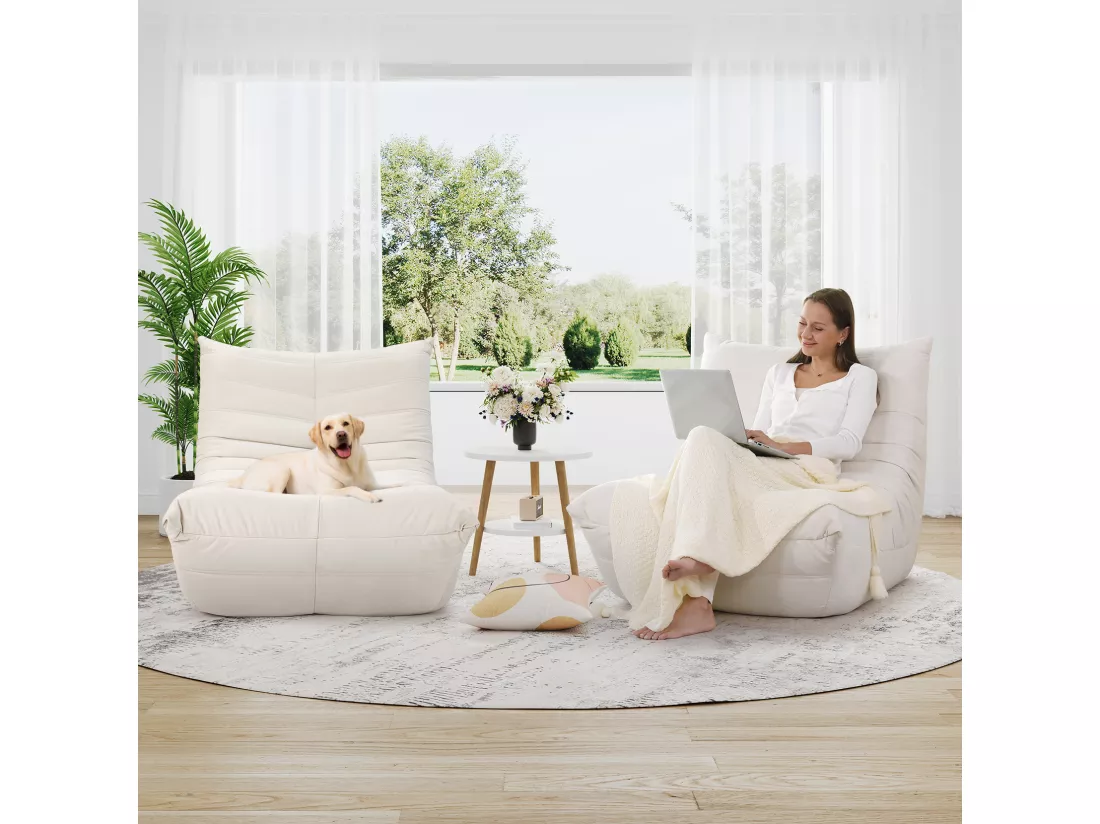 Fauteuil paresseux en tissu Chenille beige - assise profonde 62cm - 80x85x84cm