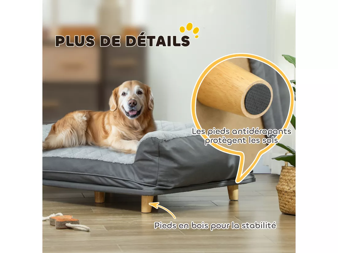 Canapé pour chien grande taille dim. 100L x 70l x 30H cm - housse zippée lavable - bois polyester gris