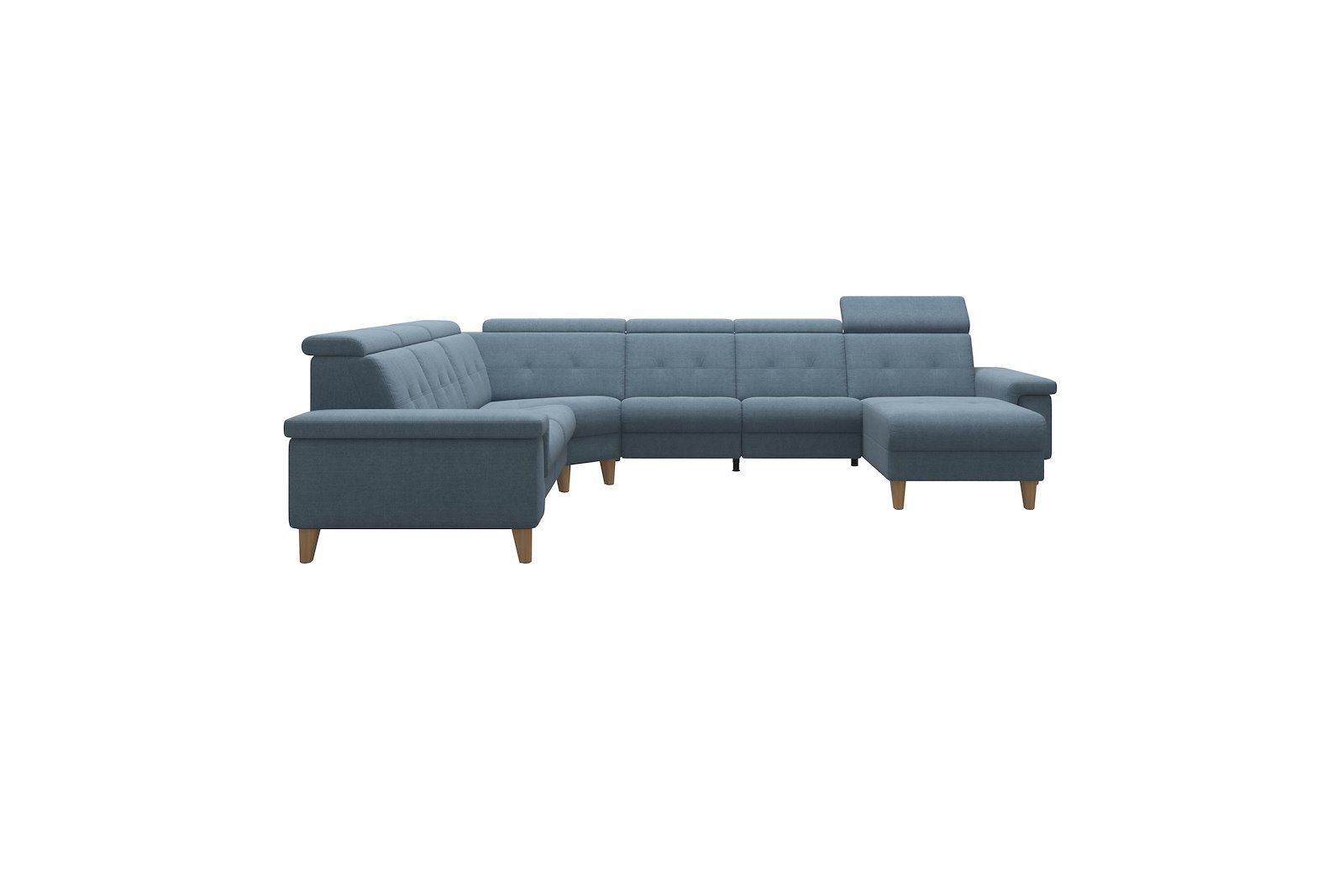 Anna C22 hjørnesofa (PMCMM) med LS (M) Tekstil Dahlia Light Blue med A2 arm og eikbeisede skrå ben, 14 cm. (Power-Manual-CornerManual-Manual-Manual)