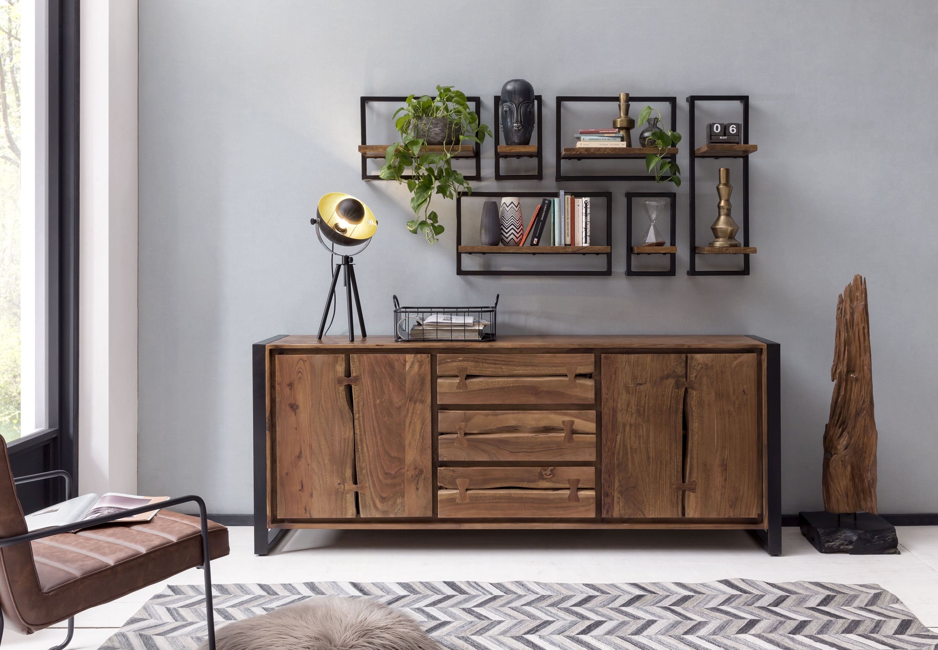 Wandregal Panama Mangoholz Metall Wandboard Ablage Regal HängeregalBücherregal