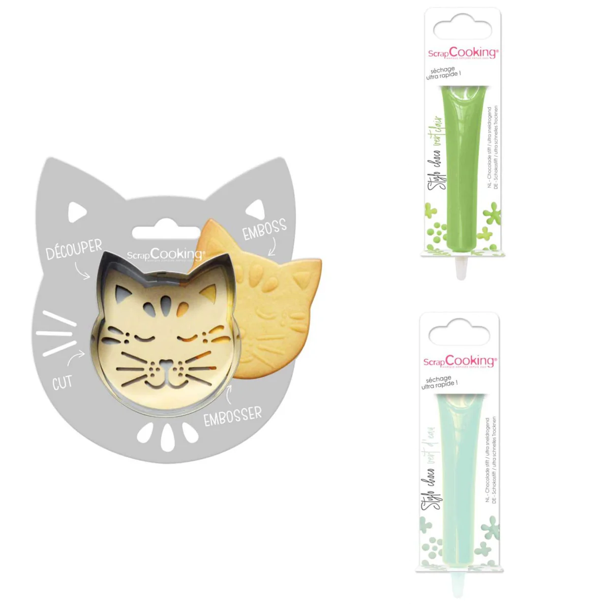 Kit pour biscuit en relief Chat + 2 Stylos au chocolat vert clair et v