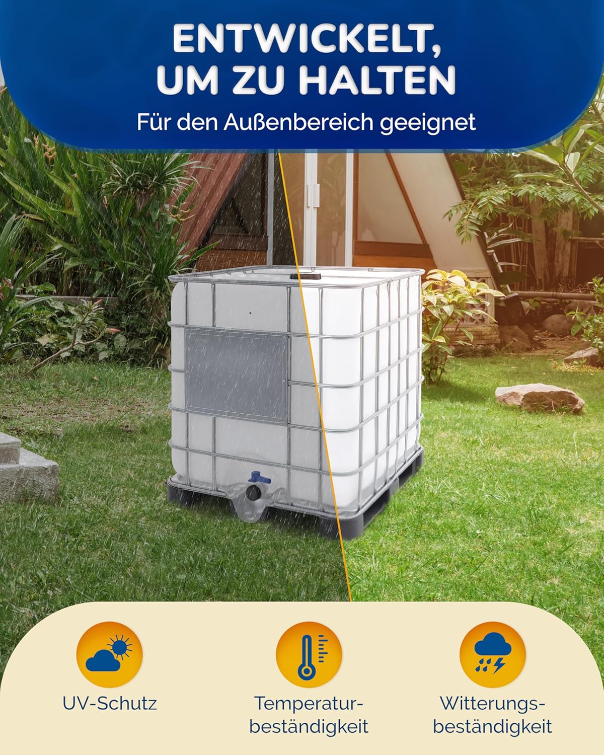 IBC Container 1000 Liter (neu) – Regentonne, Regenfass, Wassertank XXL mit Kunststoffpalette – lebensmittelecht & UV-beständig, wiederverwendbar – als Regenwassertank für Garten & Industrie