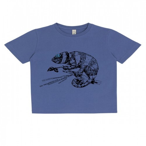 Camiseta infantil com estampa de camaleão branco, totem animal.