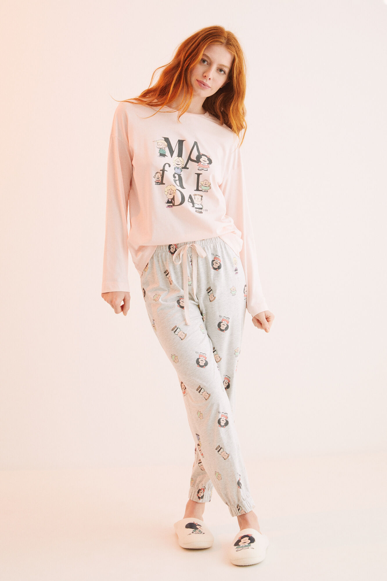 Pijama comprido Mafalda rosa de algodão - rosa