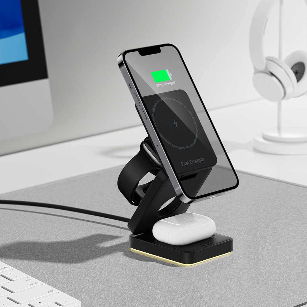(15W) 3in1 MagSafe Qi Wireless Fast Charger Ladegerät Faltbare Ladestation mit LED Beleuchtung - Schwarz