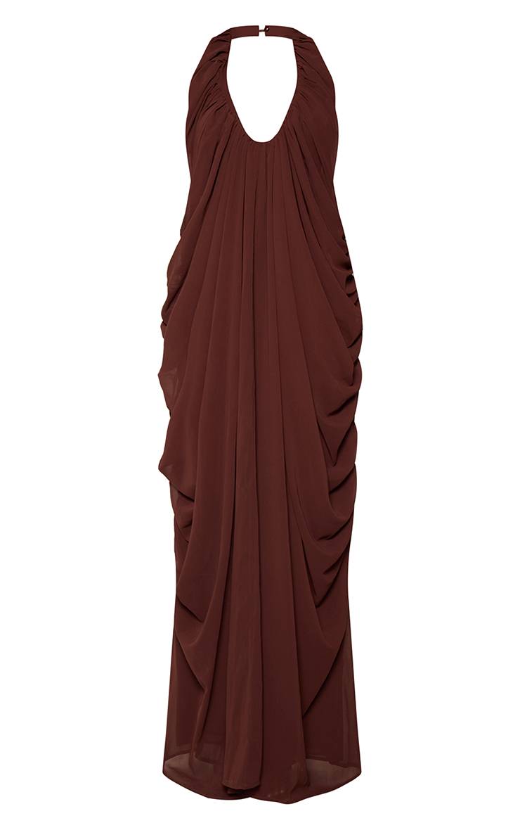 Chocolat Robe Longue En Mousseline À Décolleté Plongeant Avec Détails Drapés Froncés