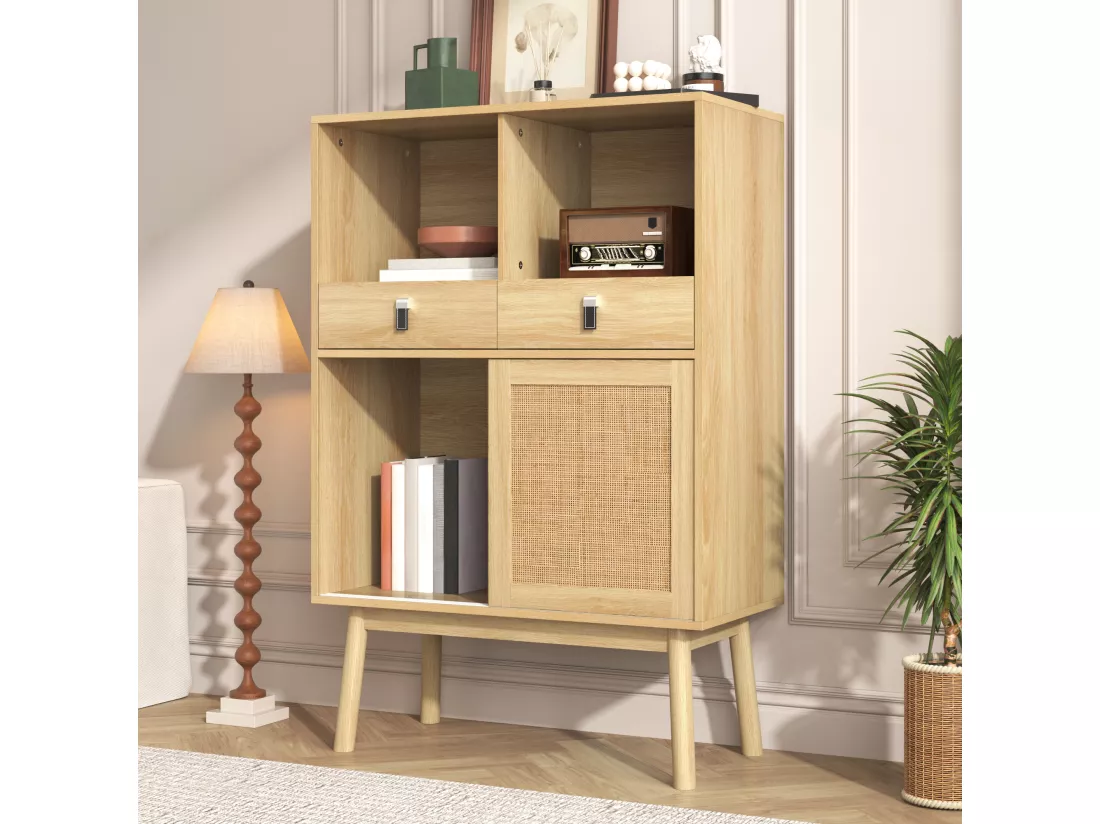 Buffet de cuisine avec 2 tiroirs et 2 portes coulissantes en rotin - 80 x 39,5 x 120 cm - Panneau de particules - Coloris bois