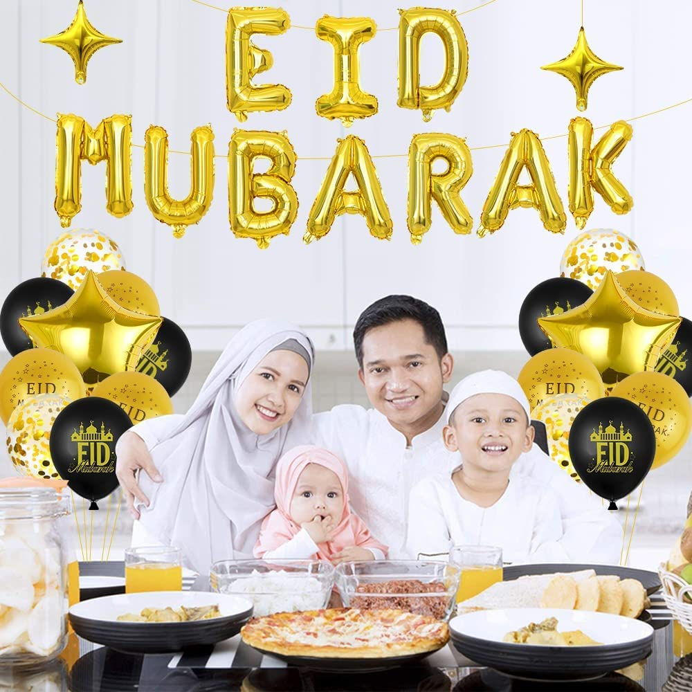 (34-tlg. Set) Ramadan Ballon Girlande Eid Mubarak Party Deko   Latex- & Folien Luftballons / Kuchenstecker - Gold / Schwarz