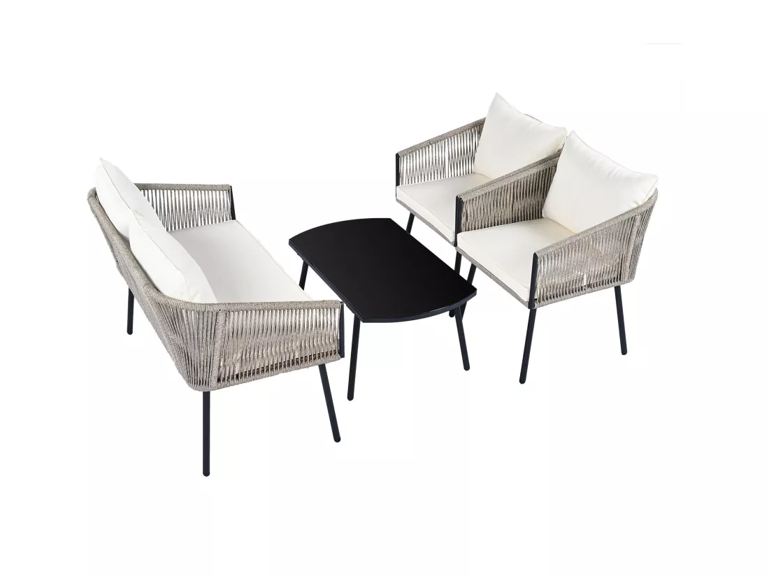 Salon de jardin, ensemble de meubles de jardin, 4 places, canapé, 2 fauteuils et table basse, extérieur, corde PE tressée, acier galvanisé, beige