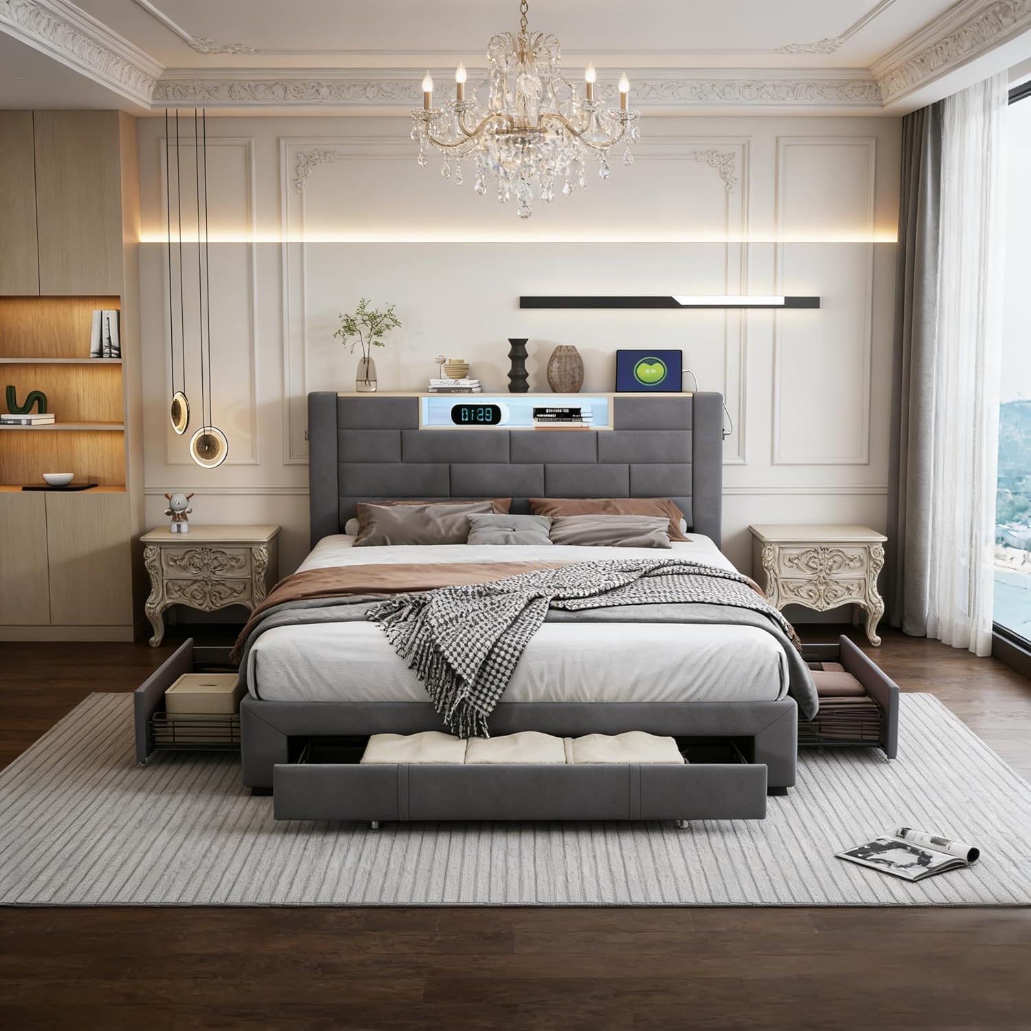 140x200cm Samtge Polsterbett,Doppelbett mit 3 Schubladen und LED-Beleuchtung,Funktionales Stauraumbett mit bequemem Kopfteil, stabilen Lattenrosten für perfekten Schlafkomfort