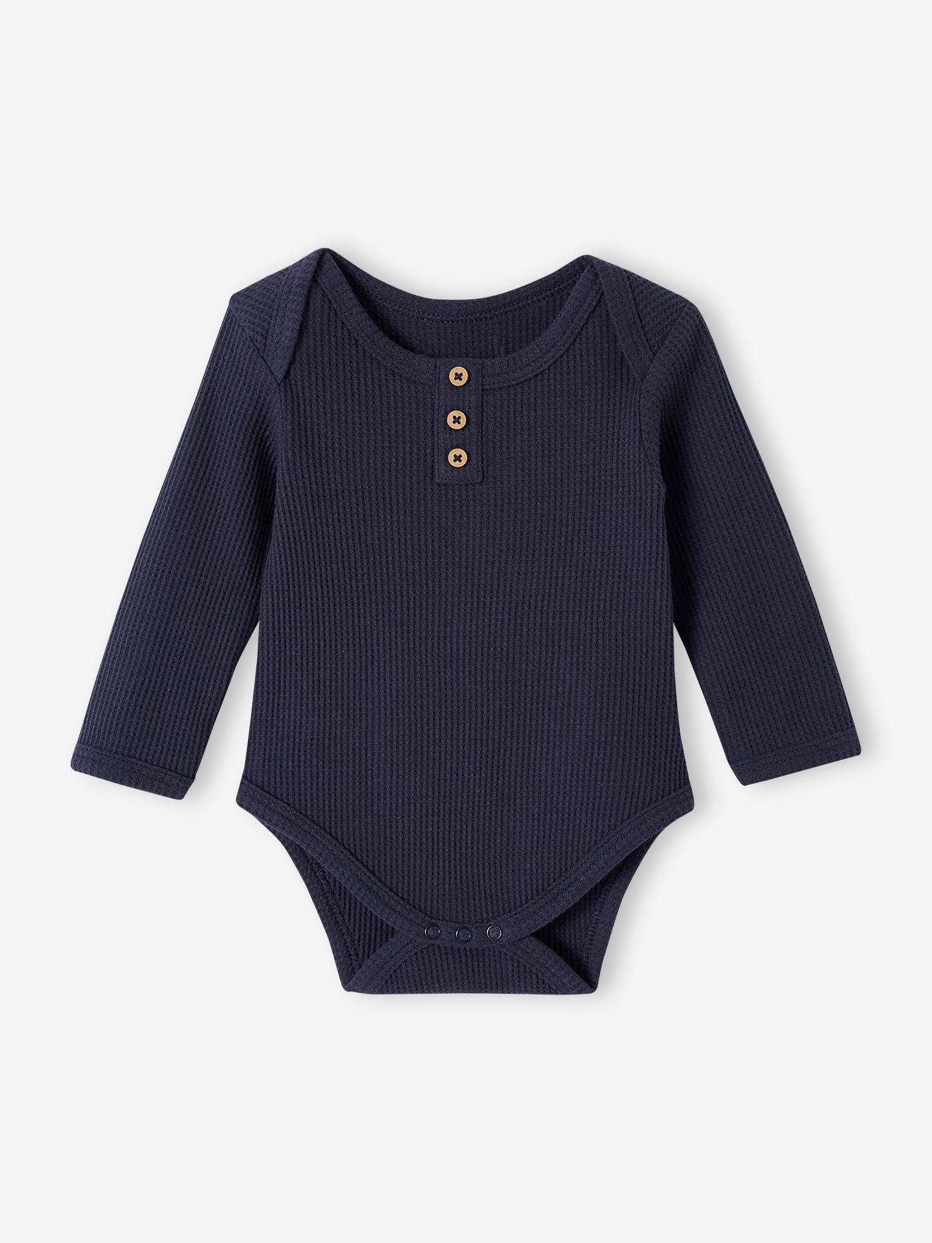 Conjunto com 2 bodies de manga comprida com estampa favo de mel para bebê, azul escuro