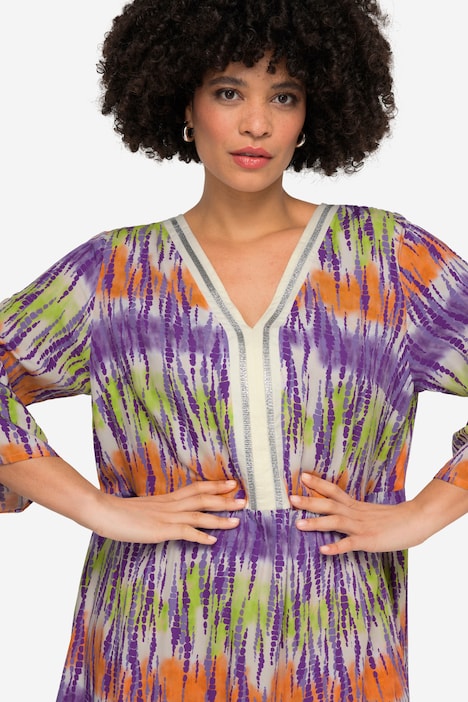 Maxikleid, Batikdruck, V-Ausschnitt, 3/4-Ärmel