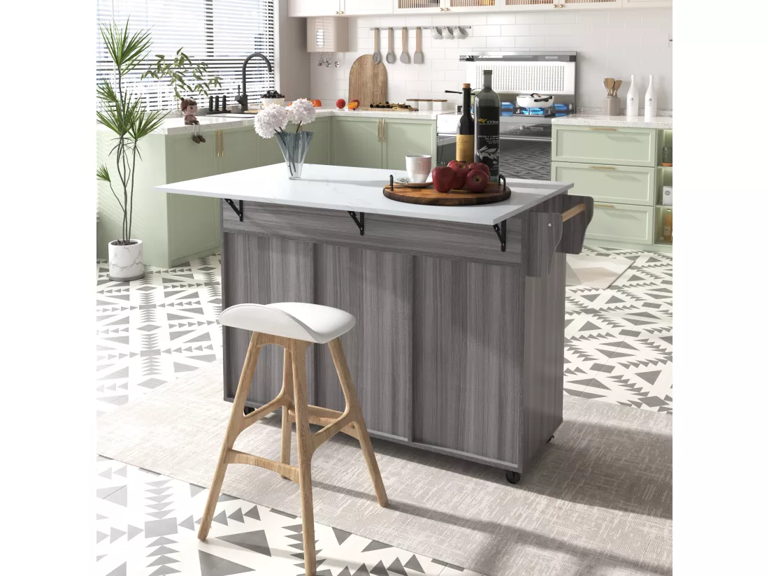Ilot central de cuisine mobile - Plateau extensible - 2 tiroirs + portes d'armoire de rangement - Gris