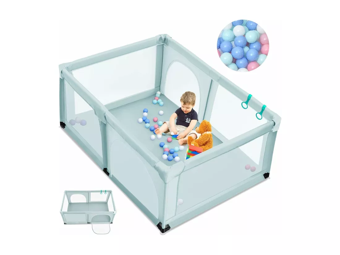 Parc Bébé avec 2 Poignées et 50 Balles Colorées, Aire de Jeu en Maille Respirante avec Porte de Sécurité, Ventouses Antidérapantes, Clôture Intérieur Extérieur 120 x 190 x 68 cm, Bleu