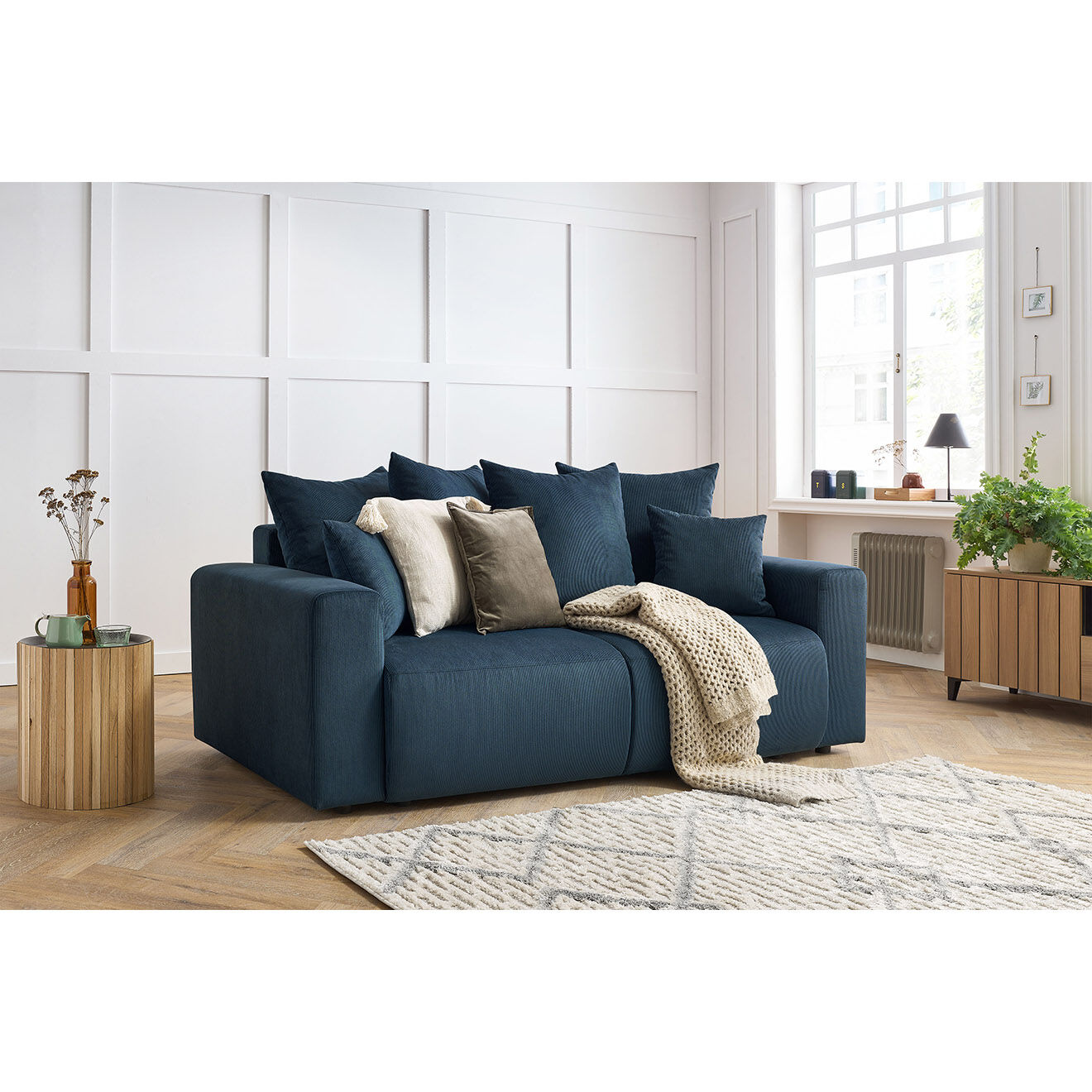 Bobochic Canapé droit fixe 2 places envy velours côtelé bleu foncé - 210x100x95 cm