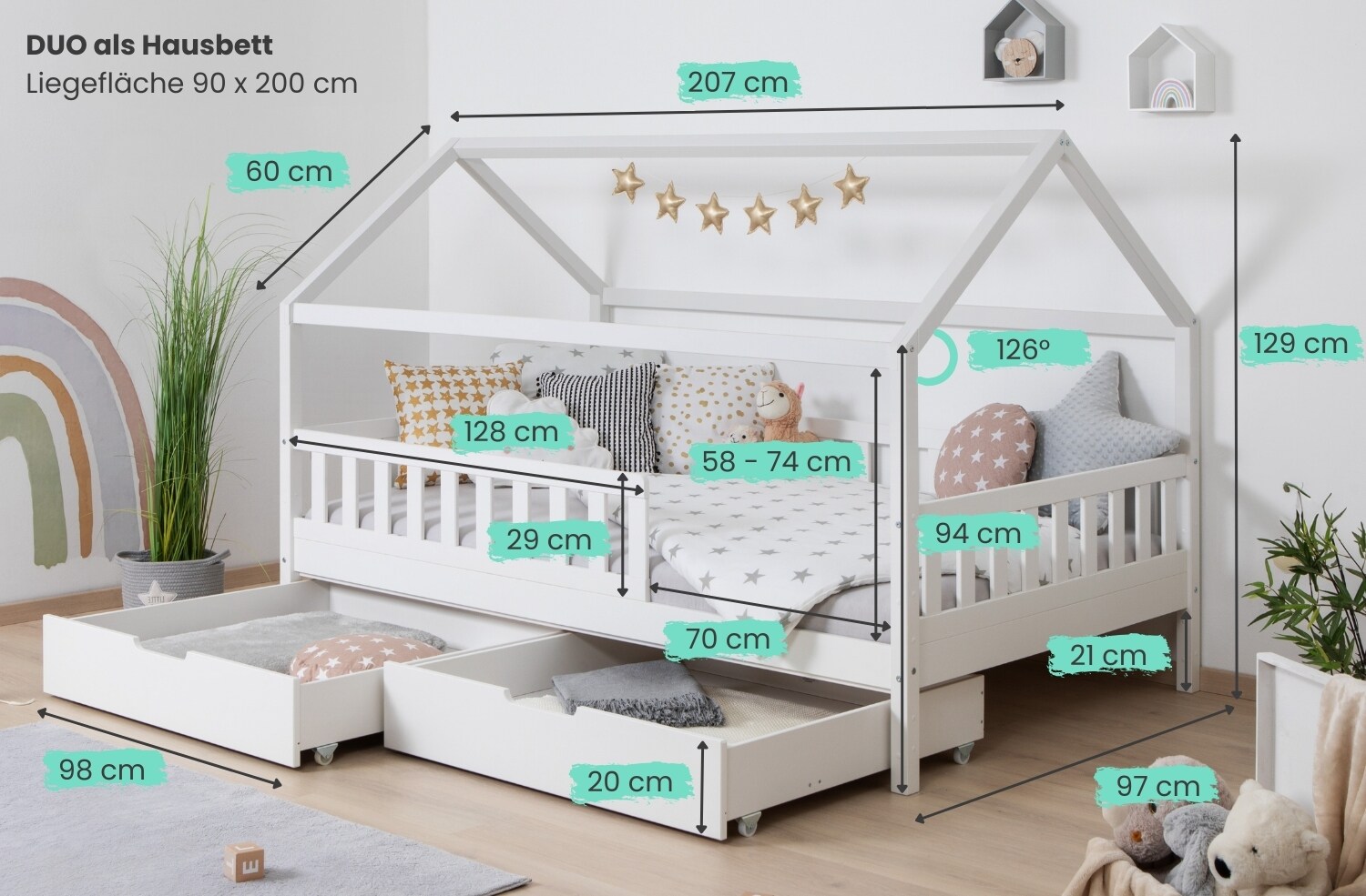 TiCAA 2 in 1 Hausbett Bodenbett wandelbar mit abnehmbaren Dach Duo 90x200, 100x200 cm, 120x200 cm, 140x200 Weiß für Jungen & Mädchen mit Schubladen, Rausfallschutz & Rolllattenrost – aus Kiefer Massivholz