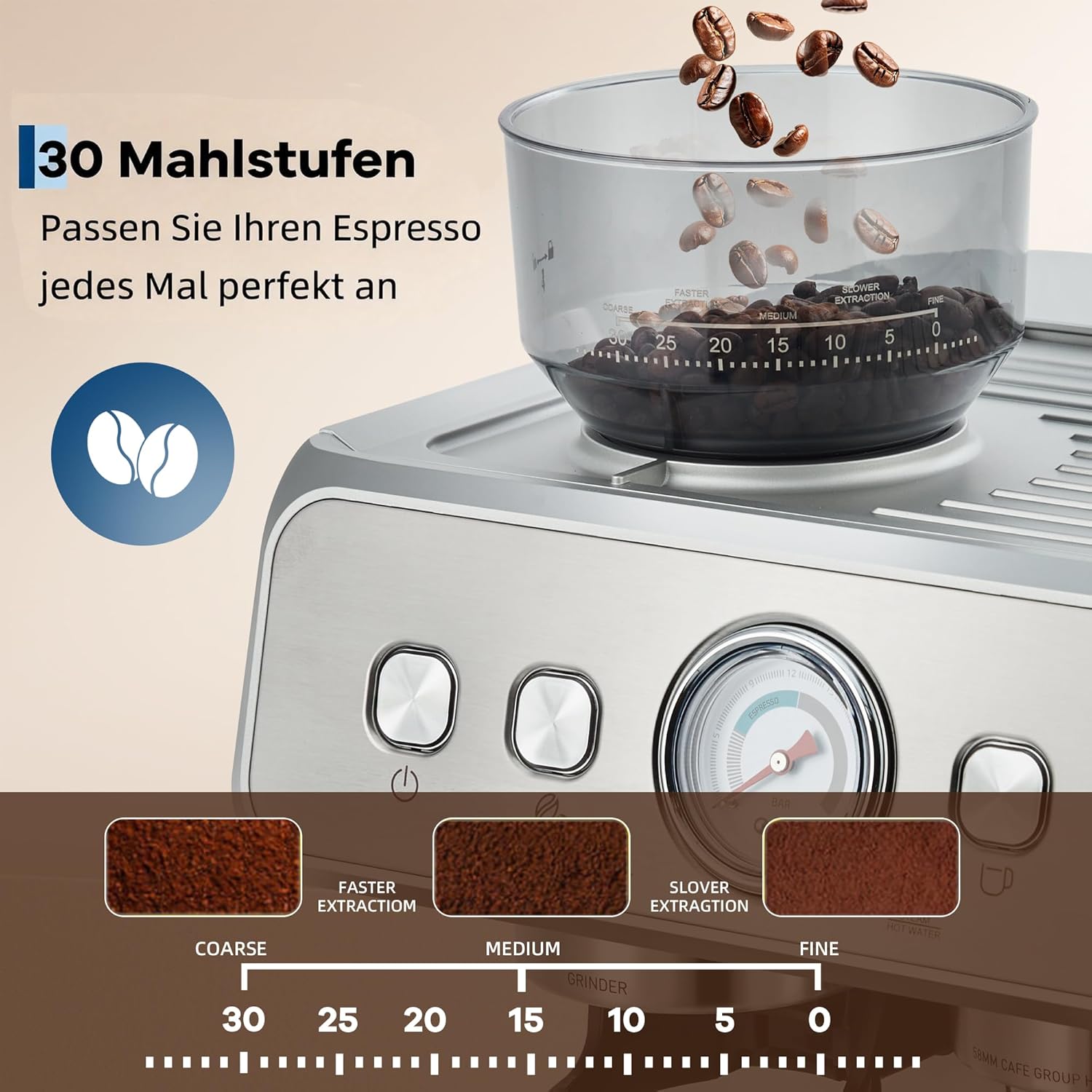 Espressomaschine mit Kegelmahlwerk & 20 Bar Druck Kaffeemaschine- Vollautomat mit 2,8L Wassertank, Dampfrohr, Heißwasser & 30 Mahlstufen - Für Einzel-/Doppeltassen mit Manometer Kaffeemaschine