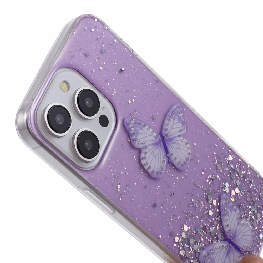 iPhone 16 Pro Max Hybrid Hardcase Schutzhülle im Glitzer Design Schmetterling - Violett / Transparent