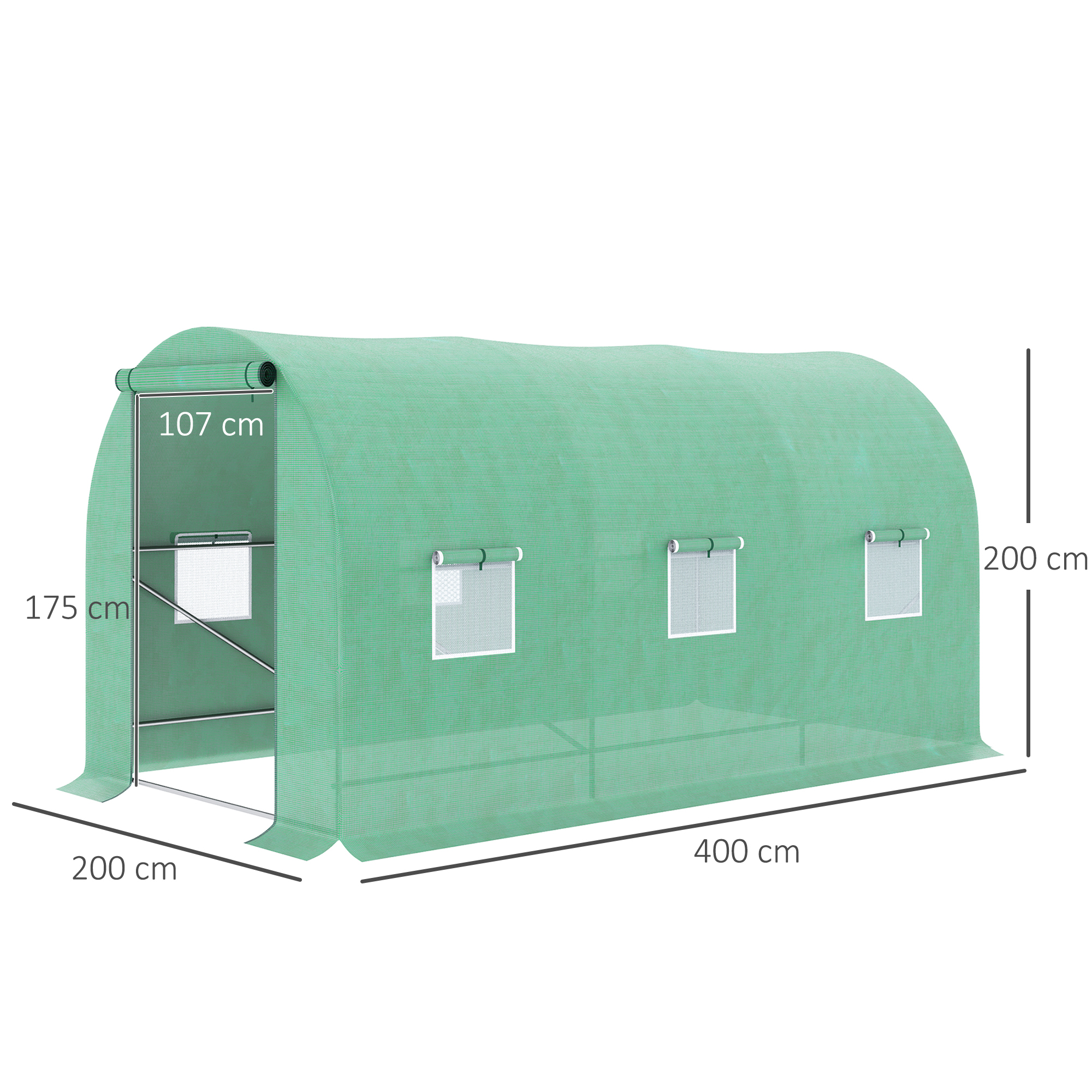 Estufa Túnel Outsunny 400x200x200 cm para Jardim com Porta de Enrolar e Múltiplas Janelas, Cobertura em PE 140 g/m² com Proteção UV, Estrutura Metálica para Cultivo de Plantas e Hortaliças (Verde)