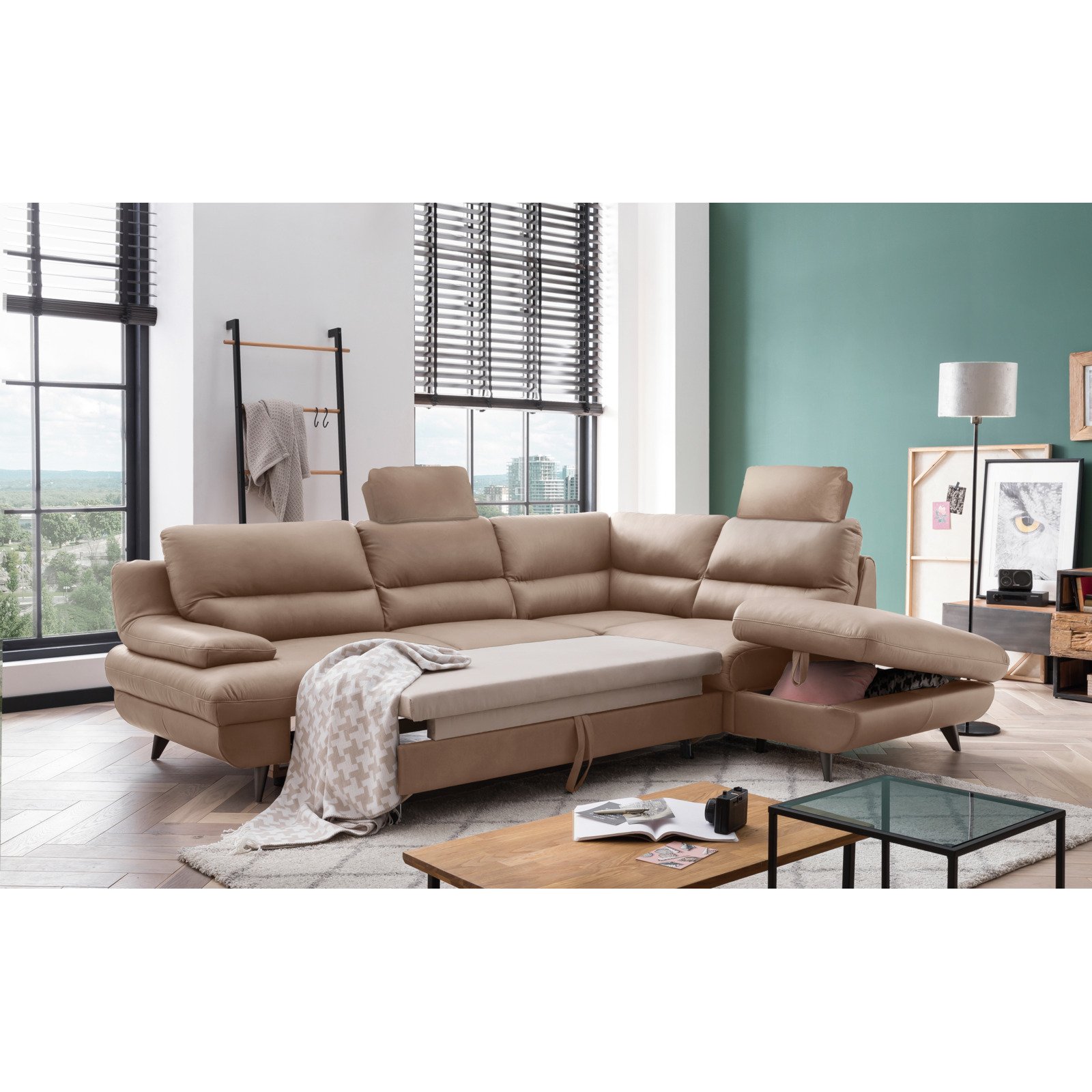 Ecksofa Pike Leder, Ottomane rechts cappuccino