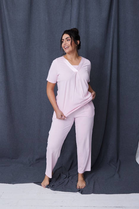 Pyjama, Satindetails, V-Ausschnitt, Halbarm