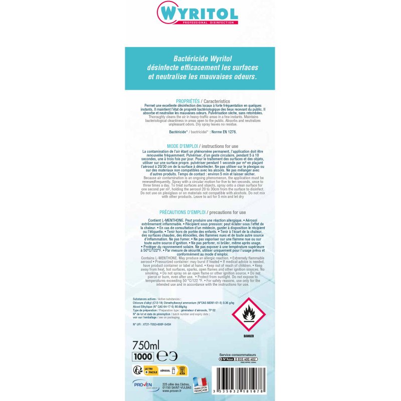 Désodorisant bactéricide Wyritol Professional Desinfection menthe - Aérosol 750 ml
