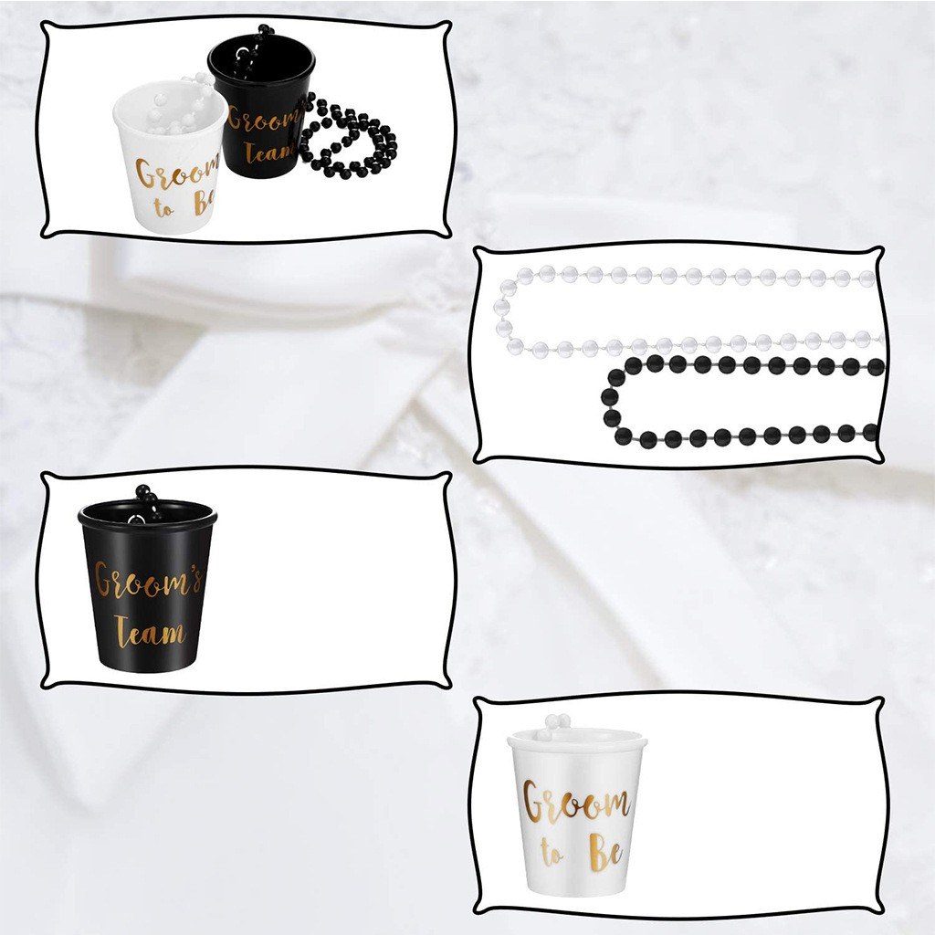 (8er Set) Mehrweg Shot Becher mit Kette Junggesellenabschied Groom to Be Party Deko - Schwarz / Weiss