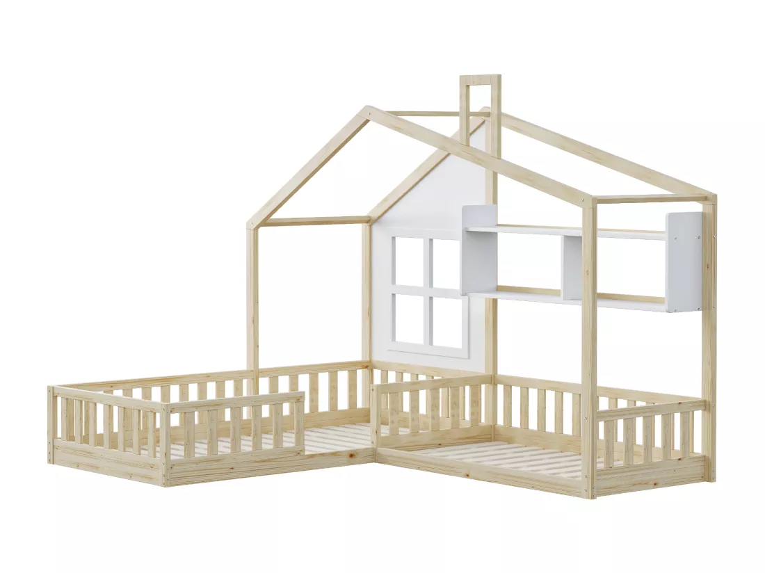 Lit enfant 70x140 cm/90x200 cm en bois - avec étagères et sommier à lattes - Naturel