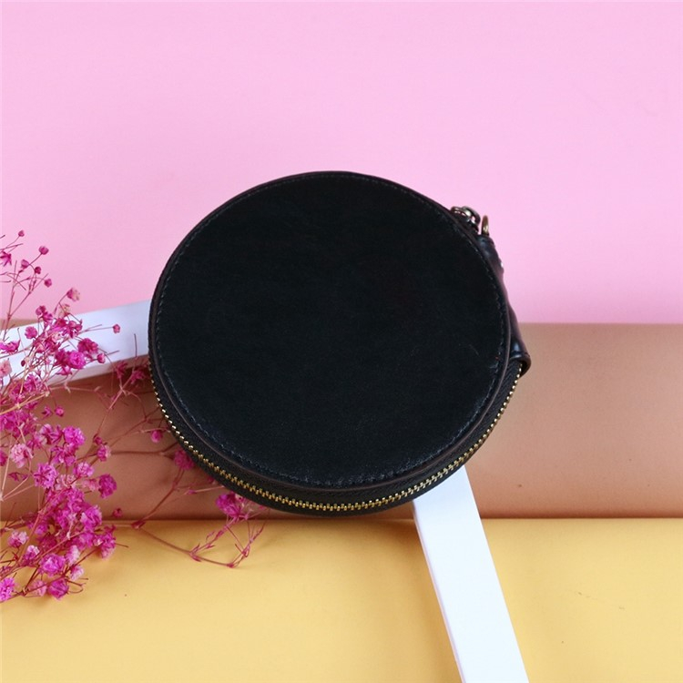 (Ø115mm) Leder Münzen Geldbörse Vintage Geldbeutel Portemonnaie mit Handschlaufe - Schwarz