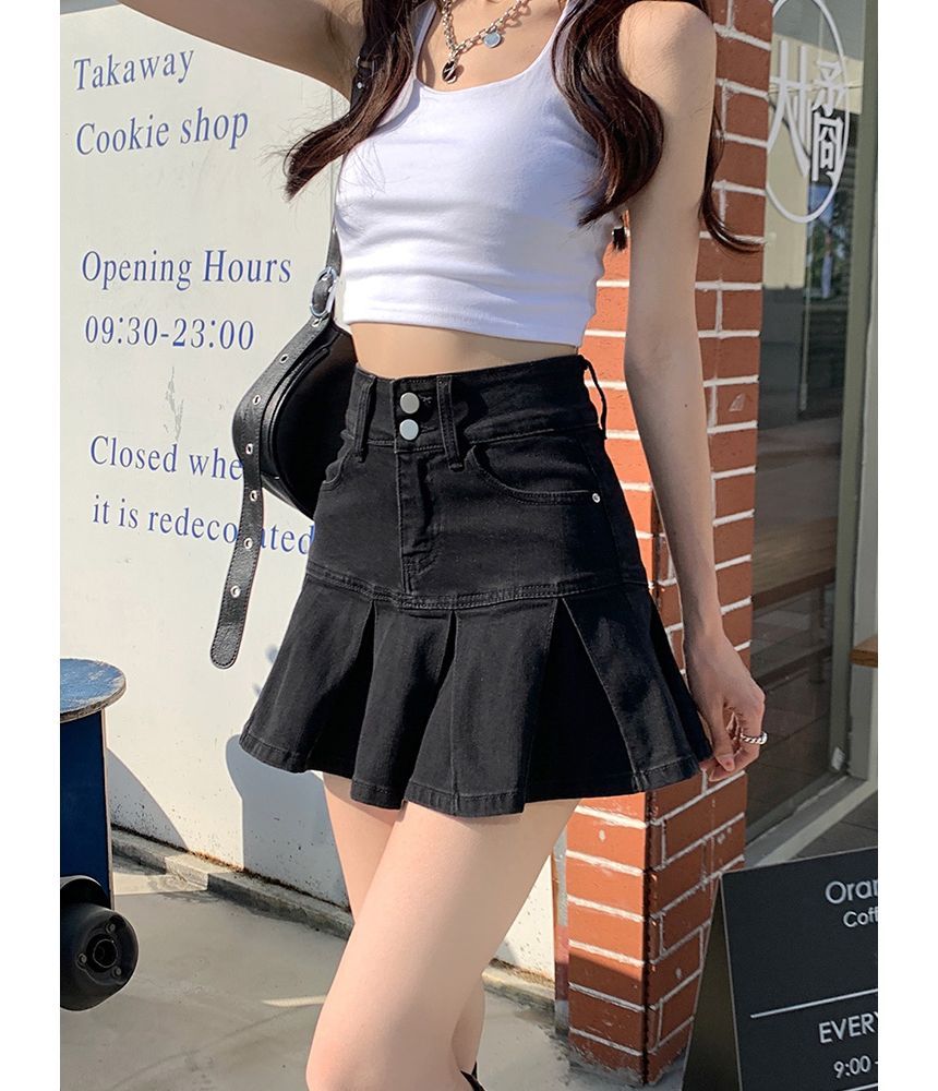 Notica - Hoge taille geplooide denim mini A-lijn rok