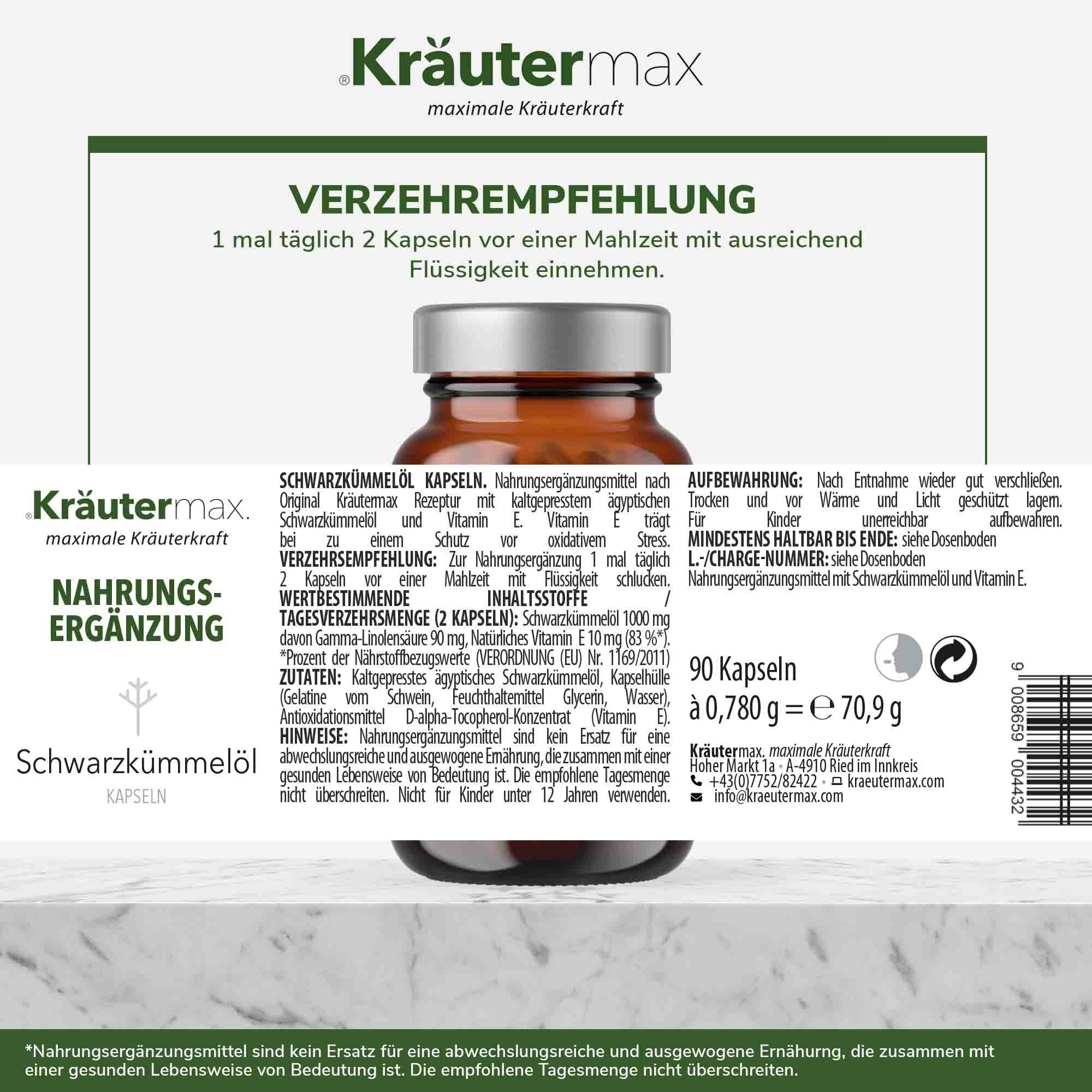 Kräutermax Schwarzkümmelöl 1000 mg Kapseln, ägyptisches Schwarzkümmelöl Kapseln