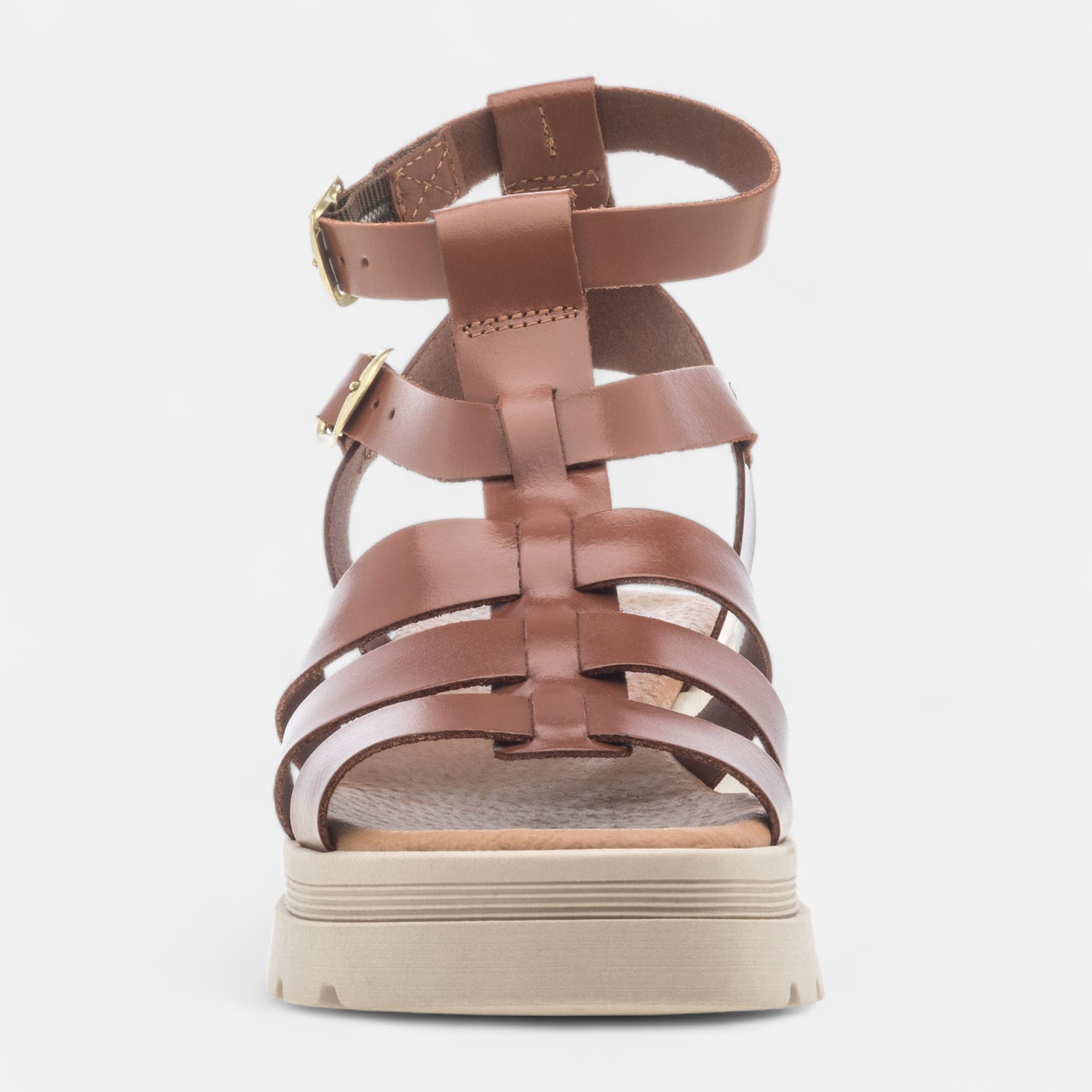 Sandales à talon compensé Femme en cuir cognac