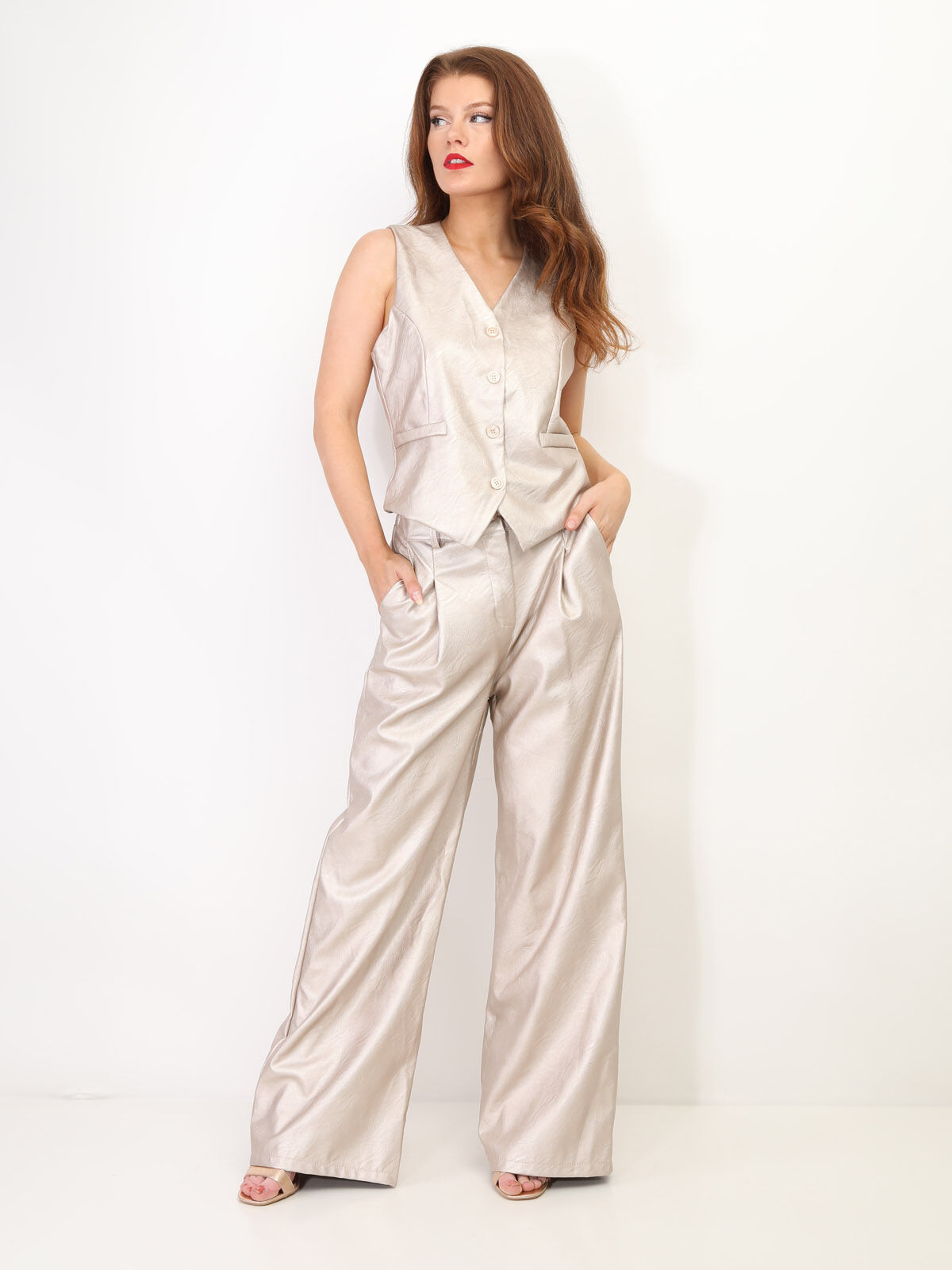 Pantalon large en simili- Beige