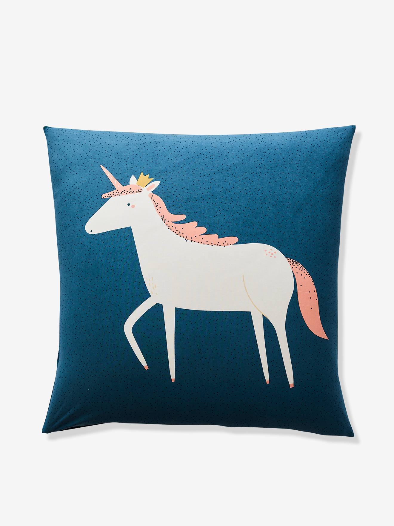 Conjunto infantil de capa de edredom e fronha, estampa Floresta Encantada, liso, azul escuro com motivos.