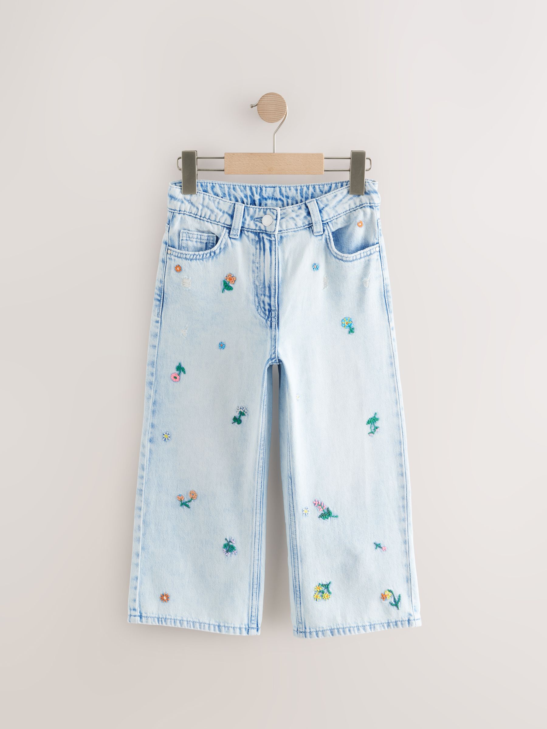 Normaal blauw - Jeans met rechte pijpen en bloemenborduursel (3-16jr)
