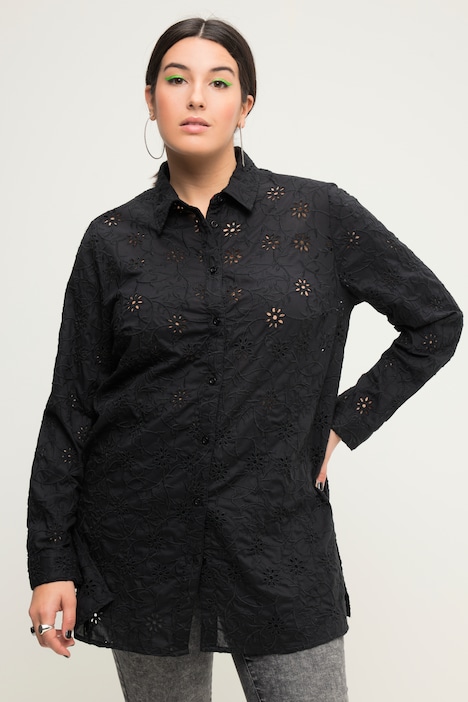 Hemdbluse, Boxy Shape, Lochstickerei, Hemdkragen, Langarm