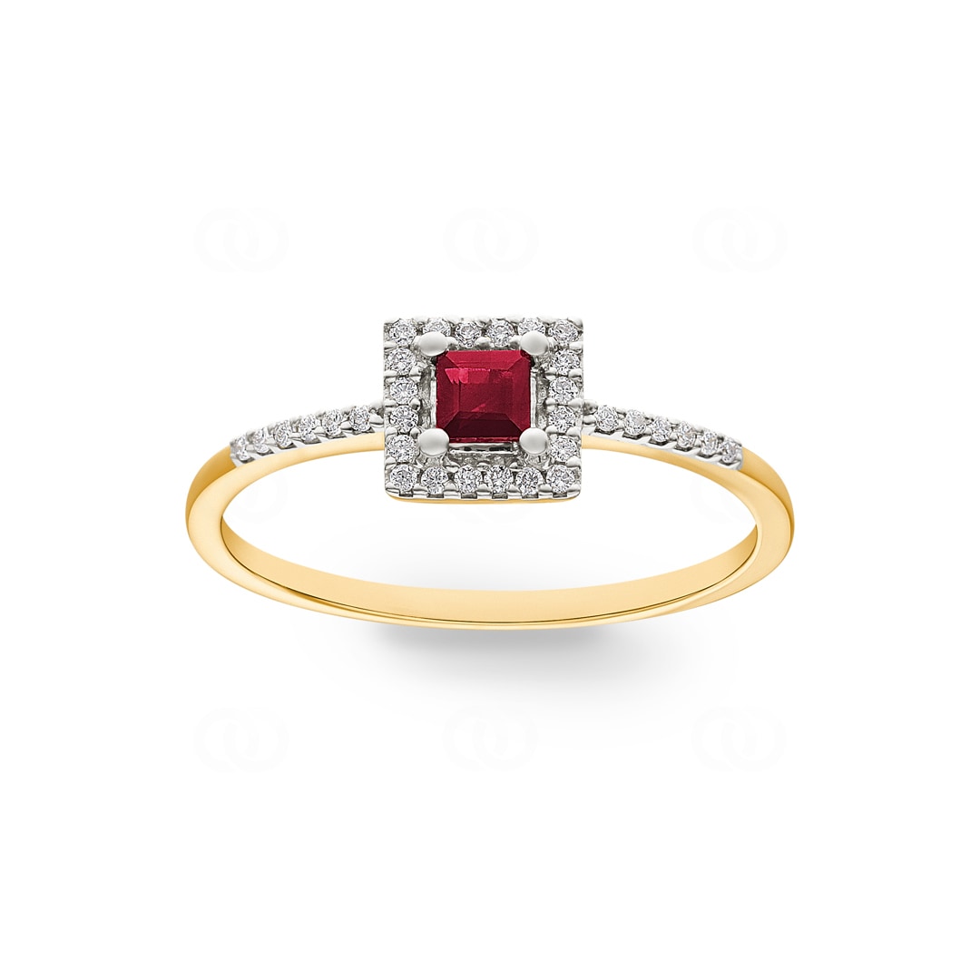 Damenring 750/18 K Gelbgold mit Rubin und Diamanten 0.09 ct H/si