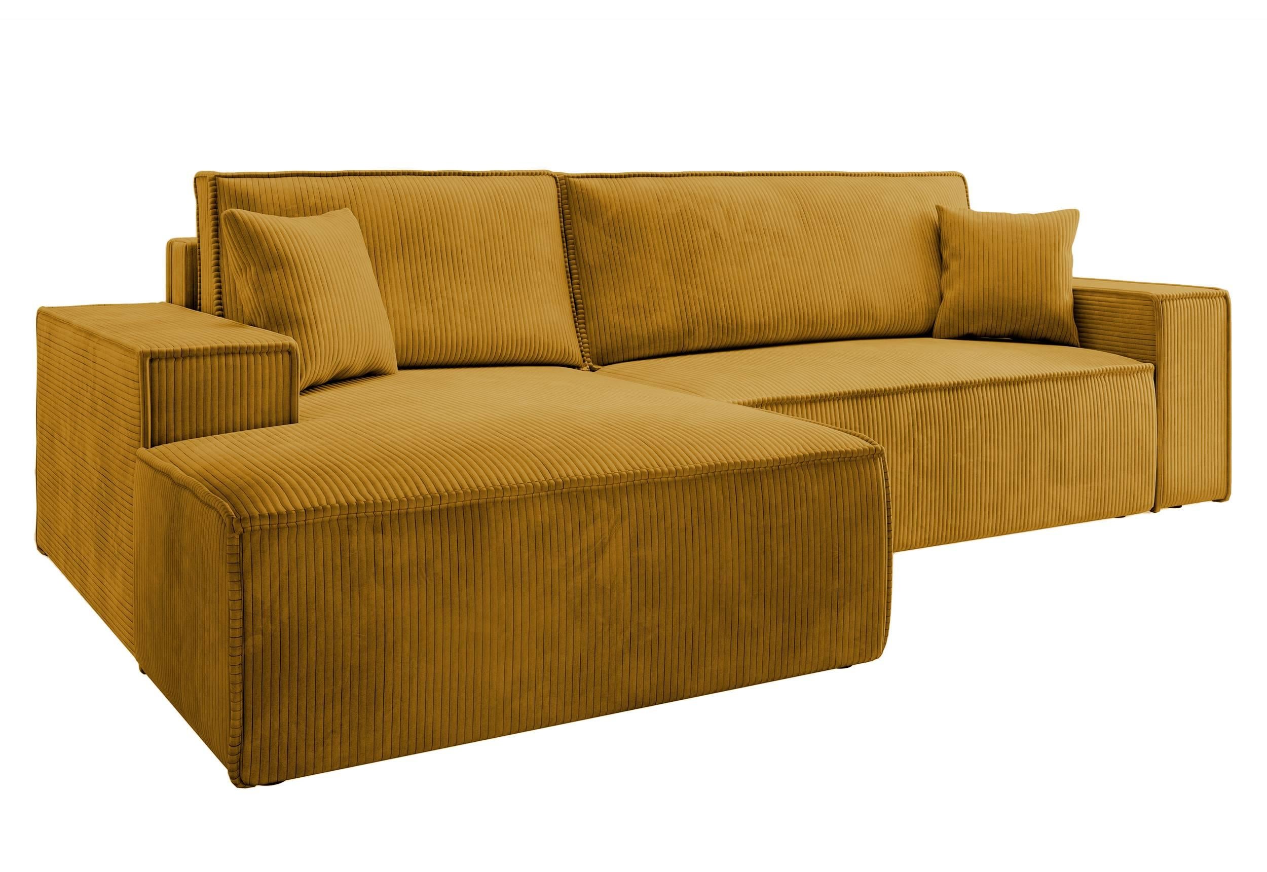 NADUVI Collection Galine Hoekbank met Chaise Longue Links met Slaapfunctie - Ribstof - Mosterdgeel